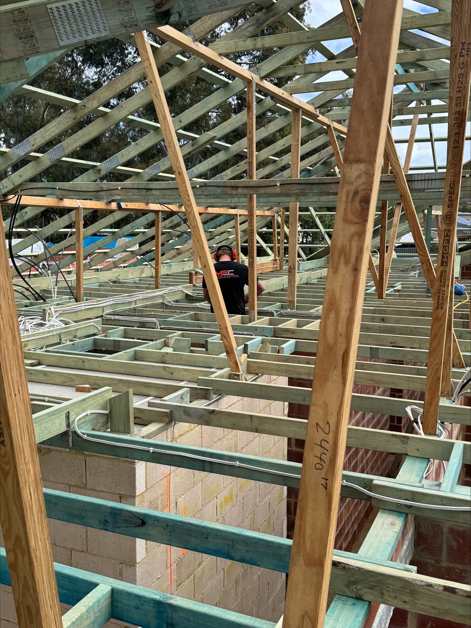 Cable runs through exposed timber roof trusses during the electrical rough-in of a new Jandakot home