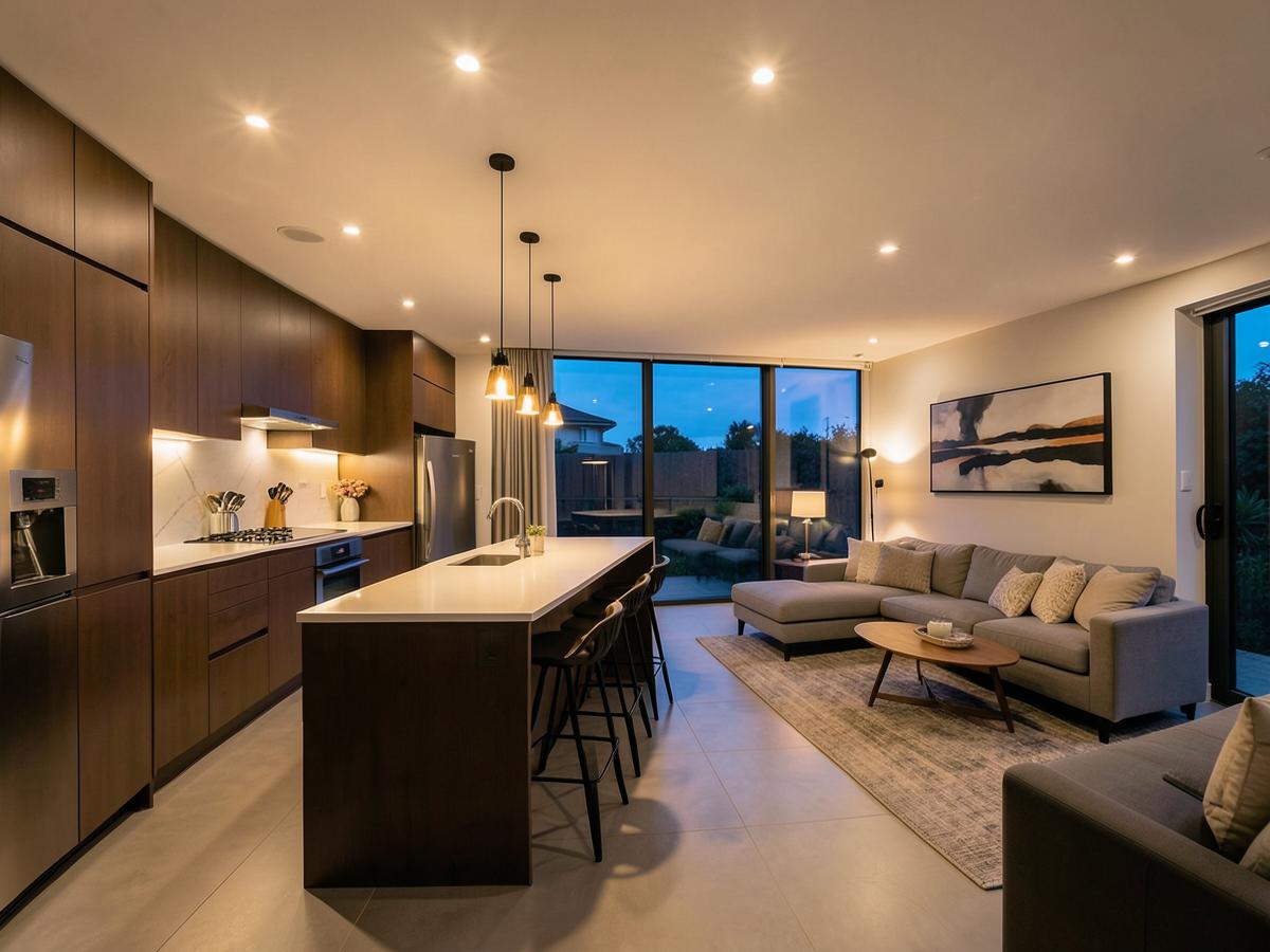 Warm LED downlights installed in a modern Perth home kitchen and living area